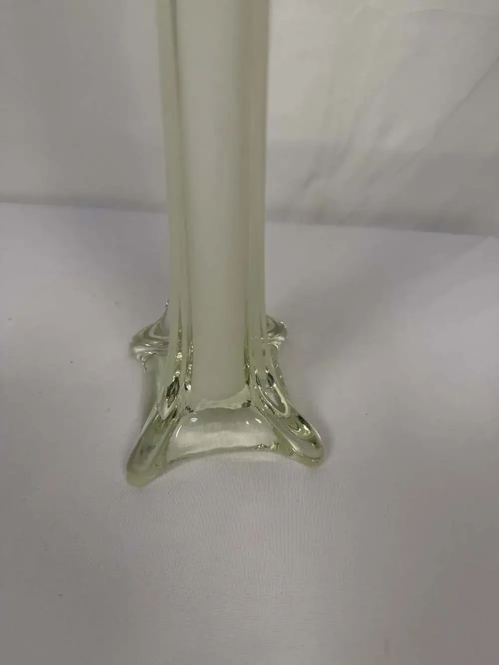 Vintage Eiffel Tower Style Tall Bud Vase, White Encased in Clear Glass